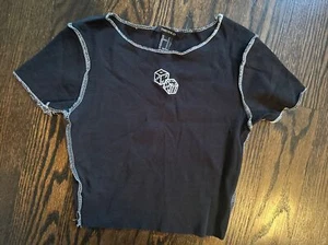 NUEVA SIN ETIQUETAS FOREVER 21 NEGRA DADOS CROP CAMISETA ELÁSTICA TOP BLANCO ACABADO - S - Imagen 1 de 7