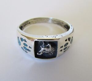 Native American Navajo Sterlingsilber handgefertigt türkis Inlay Wolf Ring Größe 9