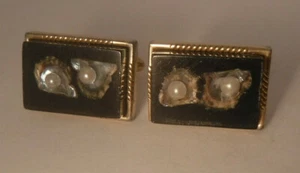 Vintage Swank 50s 60s Cufflinks Clear Black Lucite w REAL Oyster Shell & Pearls* - Picture 1 of 5