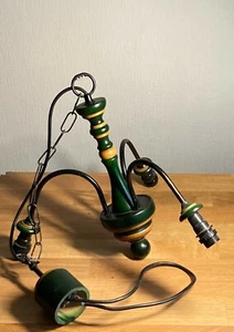 Vintage Chandelier Ceiling Light Fixture Metal&Wood 3 Bulbs w/chain Green/Yellow - Picture 1 of 6