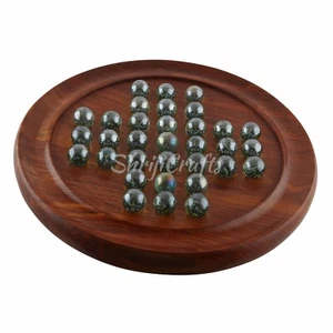 Wooden Glass Marble Solitaire Board Game Brain Teaser 9" a Unique Gift (Natural) - Picture 1 of 5