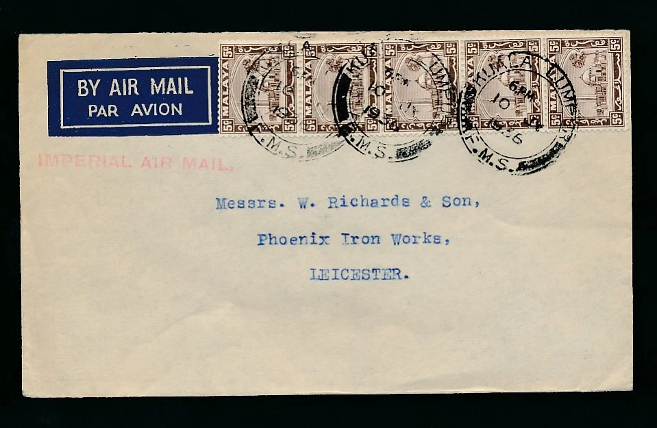 SELLO DE MANO DE CORREO AÉREO IMPERIAL MALAYA 1936 5x5c a PHOENIX IRONWORKS LEICESTER GB Foto 1 de 1