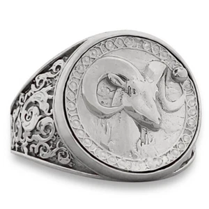 Real 18K White Gold Aries Ring, Zodiac Sign Mens Gold Coin Astrology Ring - Picture 1 of 9