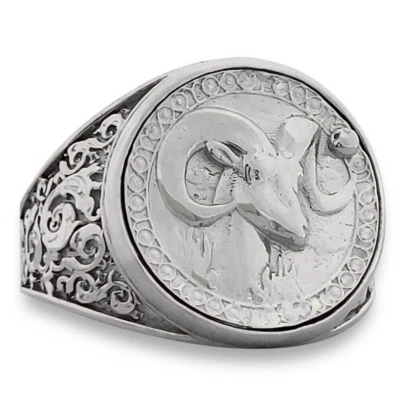 Real 18K White Gold Aries Ring, Zodiac Sign Mens Gold Coin Astrology Ring - Image 1 of 4