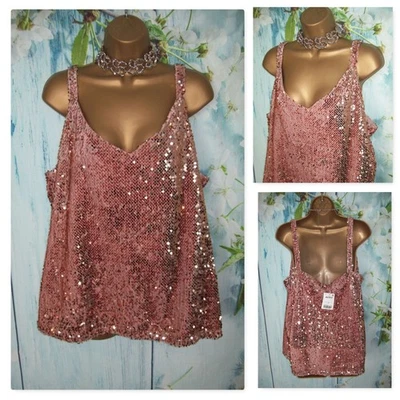 Nuevo SIGUIENTE Camisola Rosa Lentejuelas Talla 20 Elástica Brillante Fiesta Ocasión Cami Foto 1 de 4