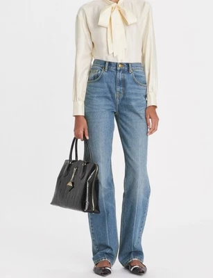 Tory Burch $678 Ivory Silk Bow Blouse Sz 10 M Loose Button Up Top Shirt - Flaws - Image 1 of 4