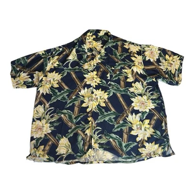 Vintage Hawaiian shirt Diamonte Rayon blue yellow floral Aloha 90s Mens XXL - Image 1 of 4
