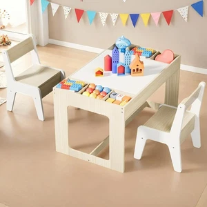 Kids Table and 2 Chair Set Wooden Toddler Table with Storage Space for Reading - Picture 1 of 18