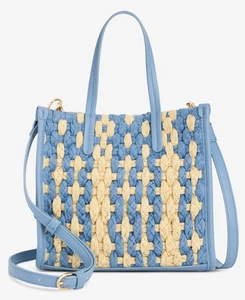 On 34th Small Straw Crossbody Tote Blue Gingham Gold - Picture 1 of 4