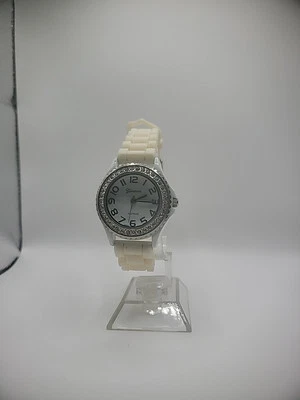 Vintage Geneva Platinum Wristwatch Watch Womens White Silver Tone Crystals Jewel - Image 1 of 4