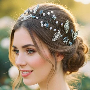 Wedding Leaf Hair Vine, Black Crystal Bridal Hairpiece Rhinestone Hair Access... - Picture 1 of 7