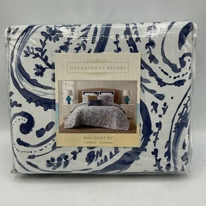 Oceanfront Resort King Size Duvet Set Blue And White 3 Pcs 100% Cotton - Picture 1 of 5