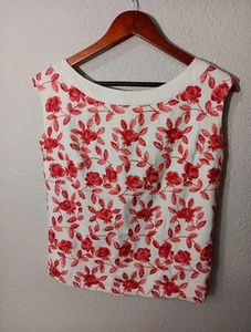 Vintage ärmellose Damen Bluse gefüttert rot bestickt Rosen Knopfleiste hinten - Bild 1 von 9