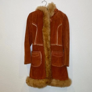 Vintage Rust Colored Suede Coat w/ Faux Fur Trim Snap Closure Sz XS Lined Hooded - Picture 1 of 21