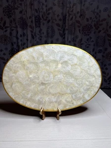 "Juego de 8 manteles individuales vintage Capiz Shell ovalados borde dorado parte posterior de espuma 17,5""" - Imagen 1 de 5