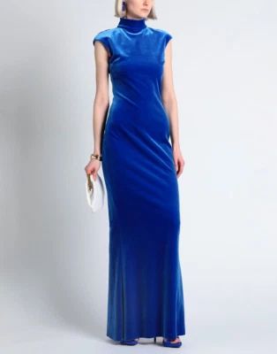 NWT CHIARA BONI LA PETITE ROBE Evy High Neck Velvet Column Gown Blue 4  $995 - Image 1 of 4