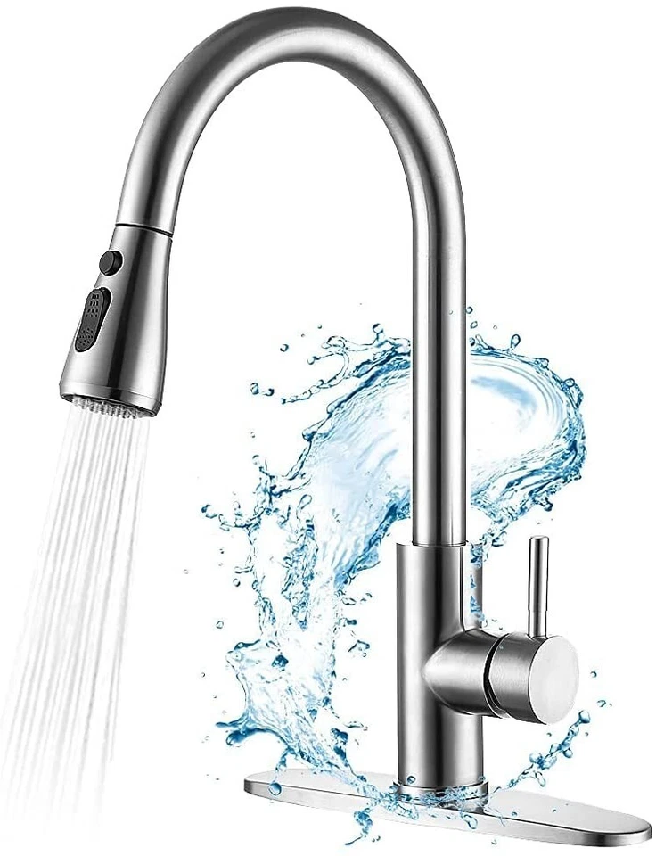 FORIOUS Brushed Nickel Kitchen Sink Faucet Pull Down Sprayer Mixer Tap With Cover Plate