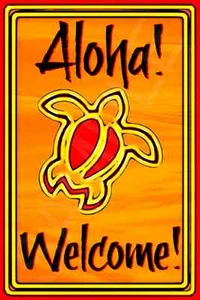 *ALOHA BIENVENIDA HONU TORTUGA MARINA* HECHO EN ESTADOS UNIDOS LETRERO DE METAL 8X12 LUAU TIKI BAR PLAYA - Imagen 1 de 1