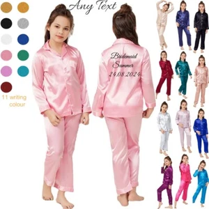 UK Personalized Girls Boys Pyjamas Nightwear Top Pants Pjs Satin Sleepwear Kids - Picture 1 of 49