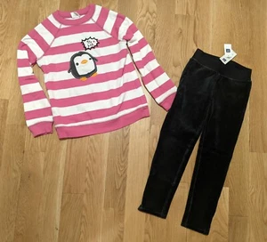 NWT Gap Kids Black Velour Leggings L 10 Crazy 8 Pink White Stripe Penguin Top - Picture 1 of 2