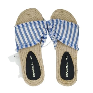 O'Neill Slip On Slide Espadrille Sandals Sz 6 Blue White Stripe Jute Sole - Picture 1 of 2