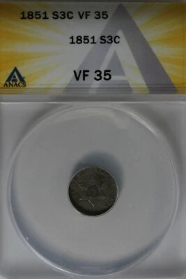 1851 .03 ANACS  VF 35    STAR AND SHIELD three cent (3c) piece, Trime - Image 1 of 2