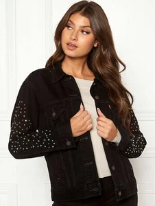 198$ Levi's Studded Sleeve Medium Black Ex Boyfriend Jean Trucker Jacket Denim - Picture 1 of 2