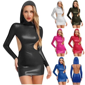 Women Hooded Wet Look Package Hip Mini Dress Shiny Metallic Hollow Out Nightclub - Picture 1 of 77