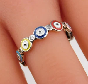 Anillo de plata de ley 925 esmalte multicolor y piedra transparente banda de mal de ojo talla 8,5 - Imagen 1 de 12