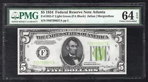 FR. 1955-F 1934 $5 LIGHT GREEN SEAL FRN ATLANTA, GA PMG UNCIRCULATED-64EPQ - Picture 1 of 2