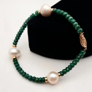Pulsera de perlas y zafiros verdes 14k 7,5" cuentas facetadas 4,25 mm-10,5 mm - Imagen 1 de 5