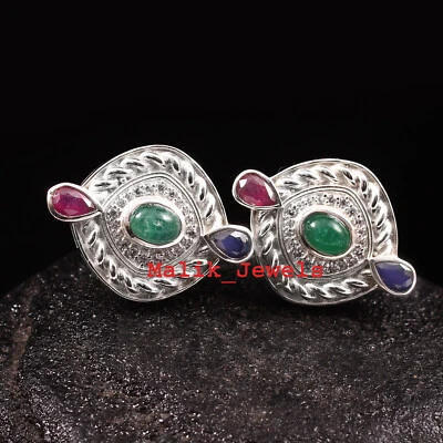 Natural Emerald Ruby Sapphire Gemstones 925 Sterling Silver Men's Cufflinks #222 Foto 1 de 4
