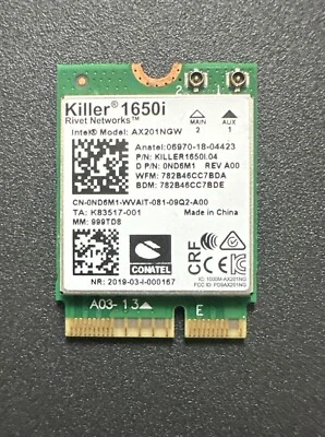 New Intel Killer 1650i Wireless Wi-Fi 6 Bluetooth 5 AX201NGW ND6M1 0ND6M1 W17 - Image 1 of 2