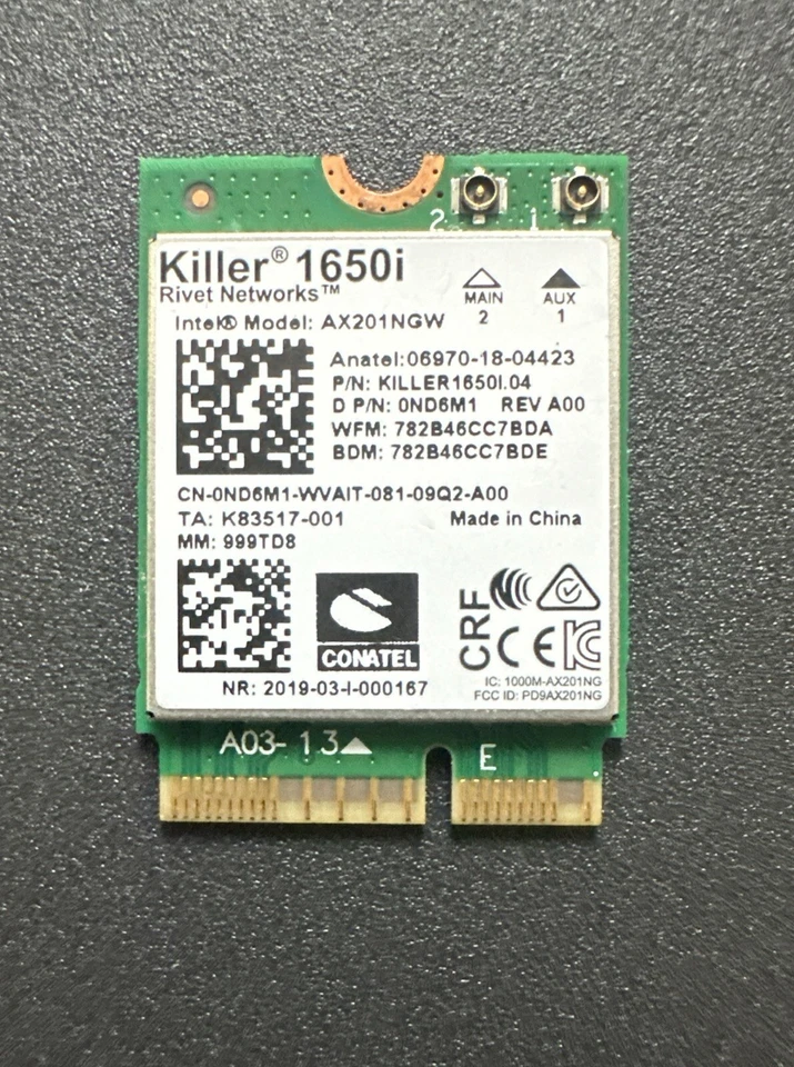 New Intel Killer 1650i Wireless Wi-Fi 6 Bluetooth 5 AX201NGW ND6M1 0ND6M1 W17 - Image 1 of 2
