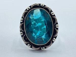Vintage Silver Plated & Faceted Blue Glass Ring Size N 1/2 (T1645) - Picture 1 of 5