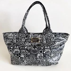Marc Jacobs Doodle Print Tote Bag Shopper Coated Canvas Cotton Retro Chic Black - Picture 1 of 12