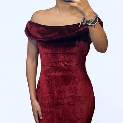 Red Velvet Off the Shoulder Dress XL Maxi Burgundy Maroon Velour Whimsigoth - Image 1 of 4