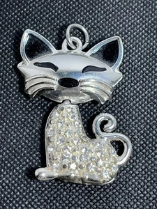 Cute Silver-Tone Cat Pendant Pavé Rhinestones & Enamel Eyes – Kitty Jewelry - Picture 1 of 7