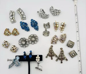 Rhinestone Lot 14 Pairs Vintage Earrings Clip Screw Back Mixed Eras & Colors - Picture 1 of 11
