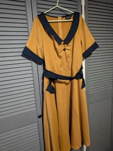 Voodoo Vixen Bow Pockets Flare Dress, Mustard and Navy, Size XL (UK 14), - Picture 1 of 11