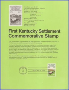 USA8 #1542 U/A SOUVENIR PAGE FDC First Kentucky Settlement - Bild 1 von 1