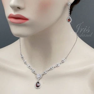 White Gold Plated Red Cubic Zirconia Necklace Earrings Wedding Jewelry Set 00745 - Picture 1 of 8