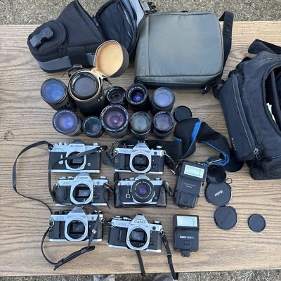 Canon 35mm Film Camera Lot x6 Olympus Om1 Ae-1 1.8 1.4 Lens Flashes Cases - Image 1 of 4