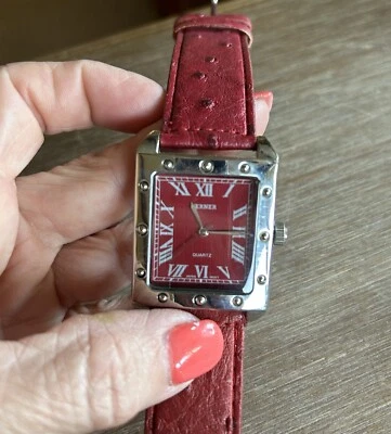 VTG Terner BIJOUX Womens WATCH Red BAND SILVER Bezel RED Face Preowned EUC - Image 1 of 4