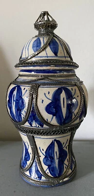 Pot apothicaire céramique à monture d'argent Orient (Tunisie ?) - Photo 1/4