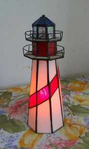 Vtg Tiffany Style Stained Glass Lighted 10.5" Lighthouse Light Lamp Nautical - Picture 1 of 8