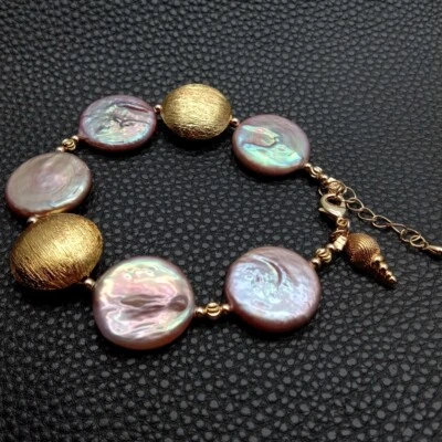 Pulsera de cuentas cepilladas de perlas de moneda púrpura cultivada de agua dulce de 8" joyería hecha a mano Foto 1 de 4