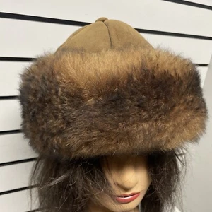 Sheepskin Tan Hat with Brown Fur  Sheep Skin Hats Medium - Picture 1 of 7