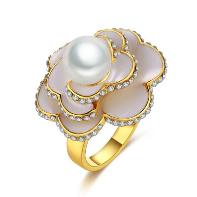 Elegante anillo de moda para mujer chapado en oro de cerámica con circonita cúbica y flor de cristal #DR110 Foto 1 de 4