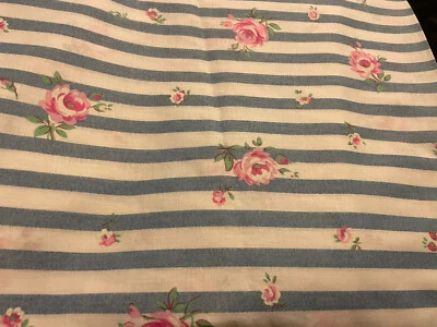 Joan Kessler Pink Floral Blue Stripe Fabric BTY Concord  Country CottageCore - Image 1 of 3